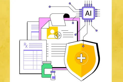 An illustration shows a square that says AI hovering above papers for prescriptions and bottles of medicine.