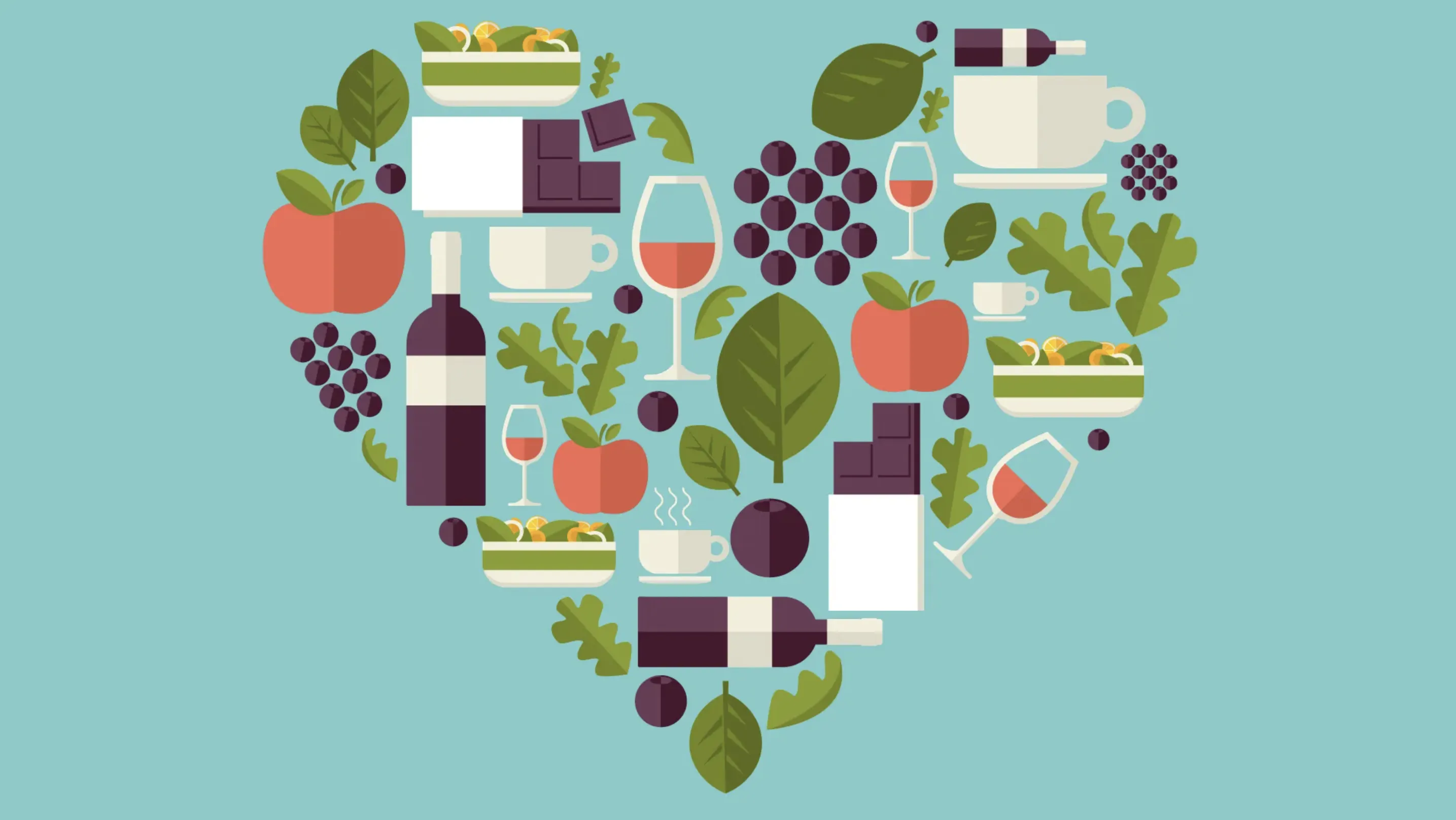 Images of wine bottles, leafy vegetables, coffee cups, and apples form a heart.