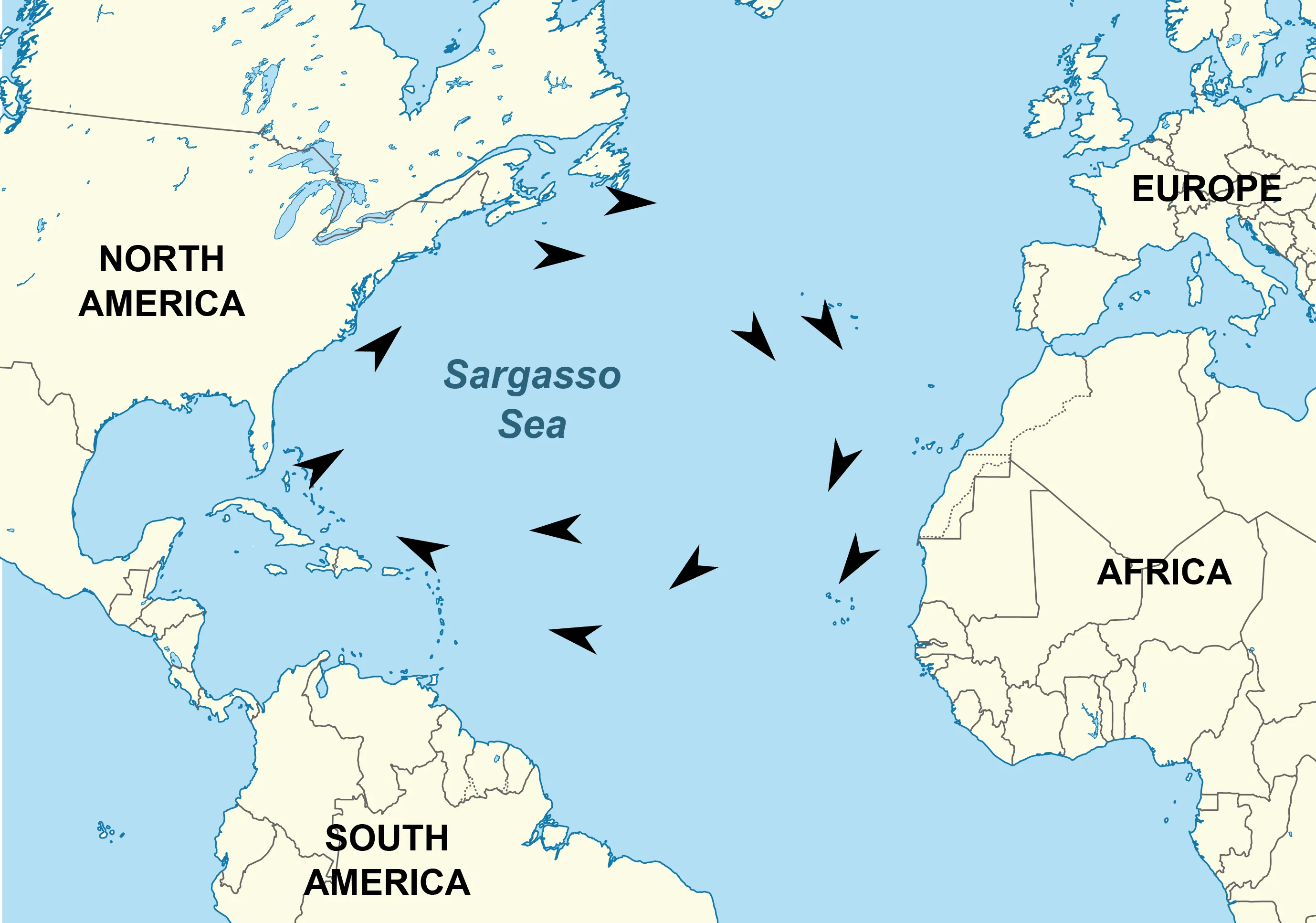 map identifying Sargasso Sea and water currents
