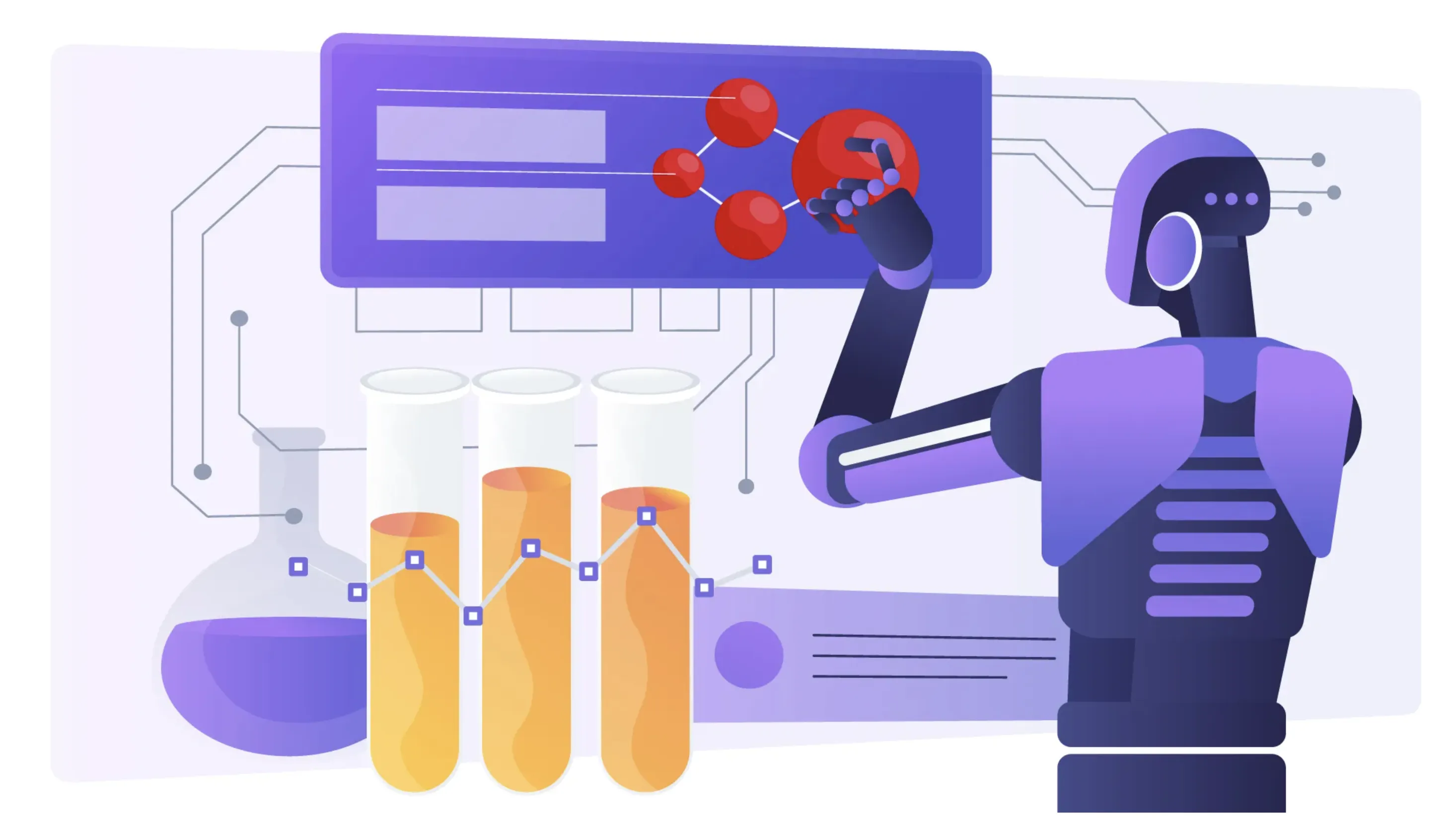 illustration of a humanoid robot interacting with a digital screen showing molecules, next to beakers and test tubes of liquids