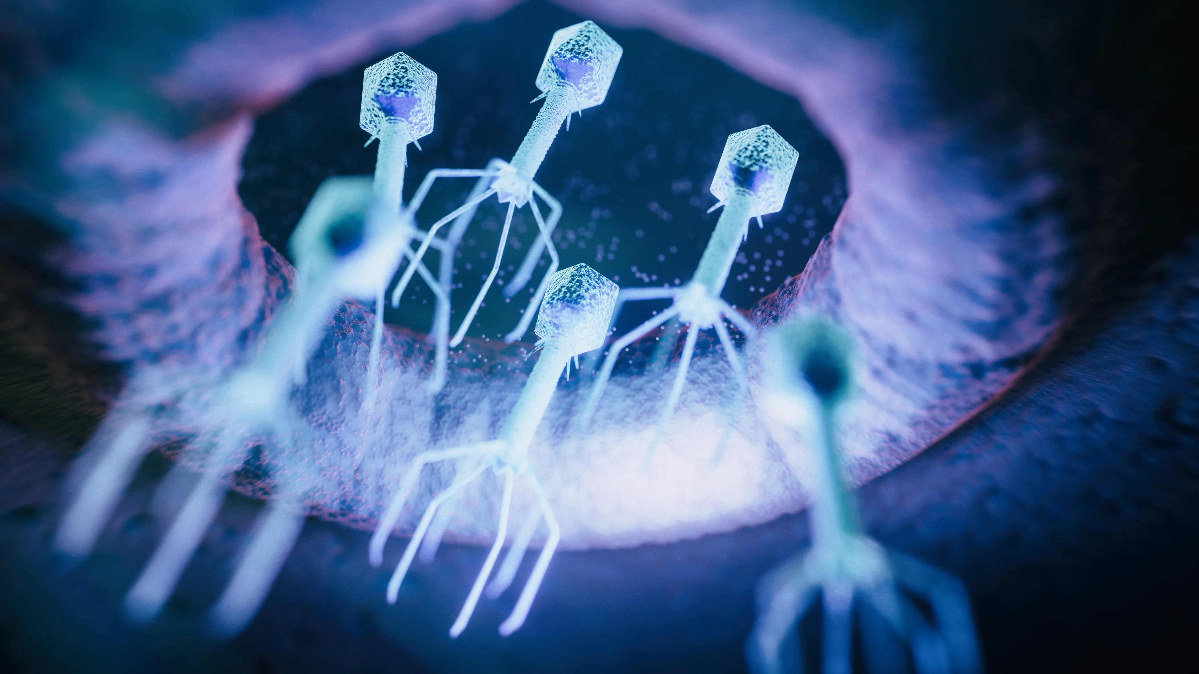 A 3D illustration of bacteriophages—viruses that infect and destroy bacteria—targeting a bacterial cell.
